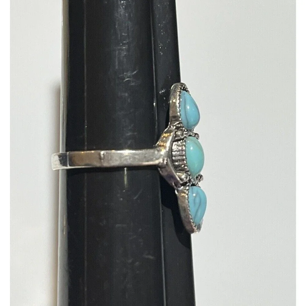 Cocktail Costume Rings Lot Of 2 Silver Tone Rhinestones Faux Turquoise Sz 9/9.25